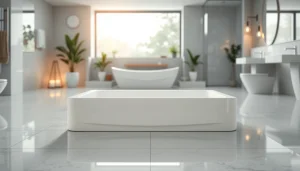 Highlighting a modern shower base in a stylish bathroom with elegant decor.