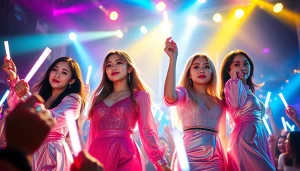 Blackpink members performing energetically on stage during a concert.