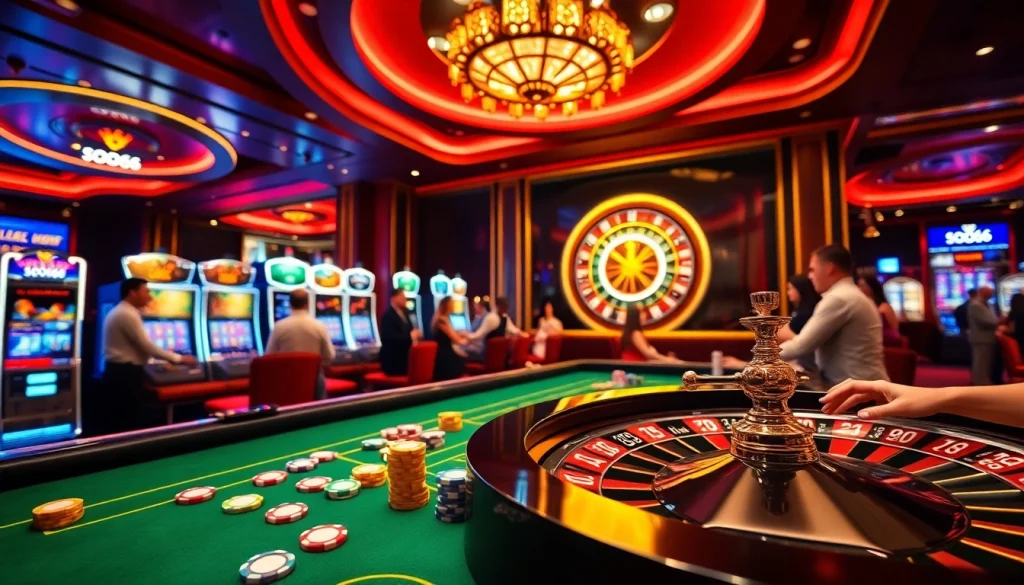 SODO66 gaming scene with vibrant poker chips, roulette wheel, and exciting casino ambiance.