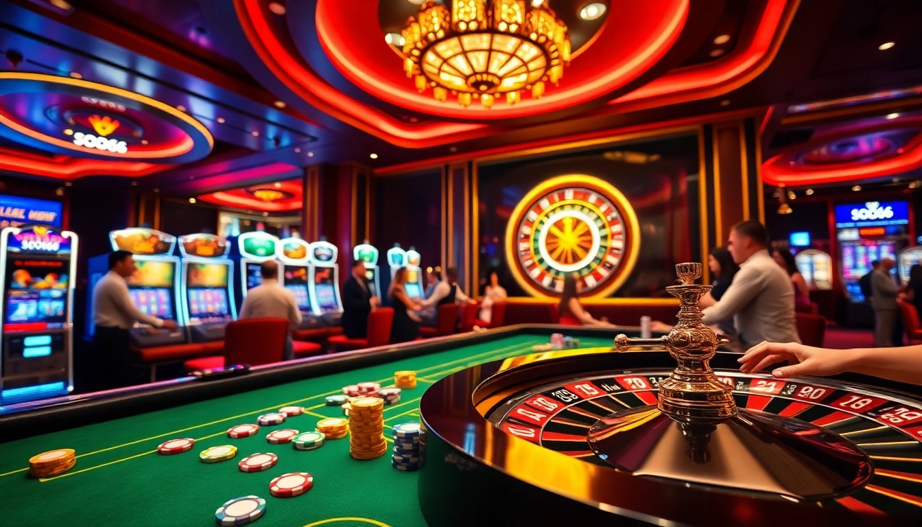 SODO66 gaming scene with vibrant poker chips, roulette wheel, and exciting casino ambiance.