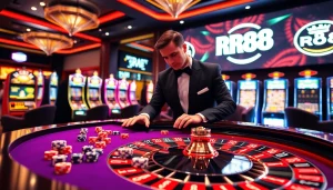 Experience the thrill of RR88 at a luxurious casino with roulette tables and poker chips.