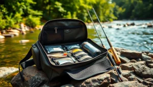 Exploring the essentials inside a Fly fishing bag on a scenic riverbank.