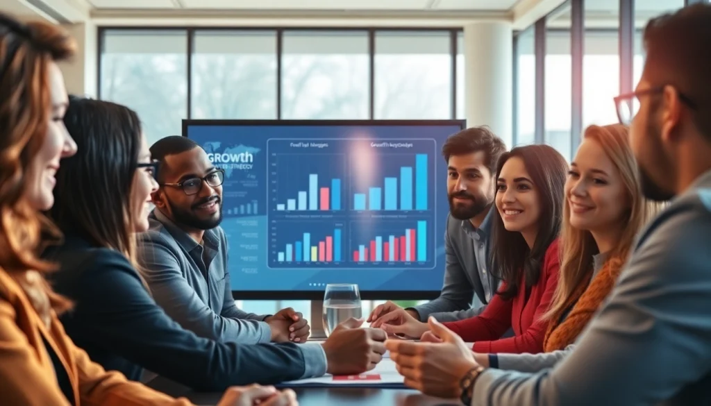 Collaborative team analyzing growth strategy trends in a bright, modern office setting.