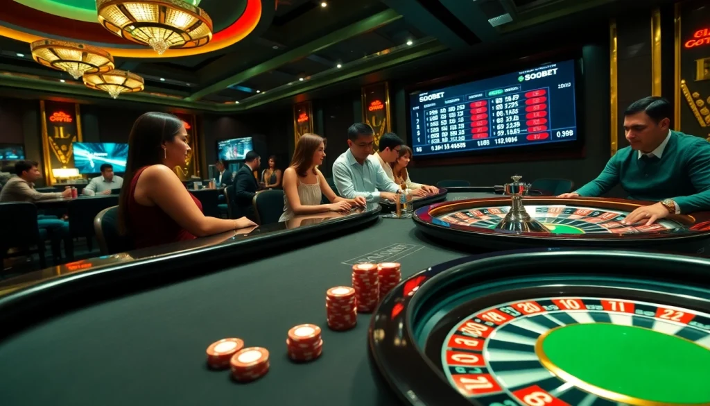 Sbobet betting odds displayed on a luxurious baccarat table with engaged gamblers.