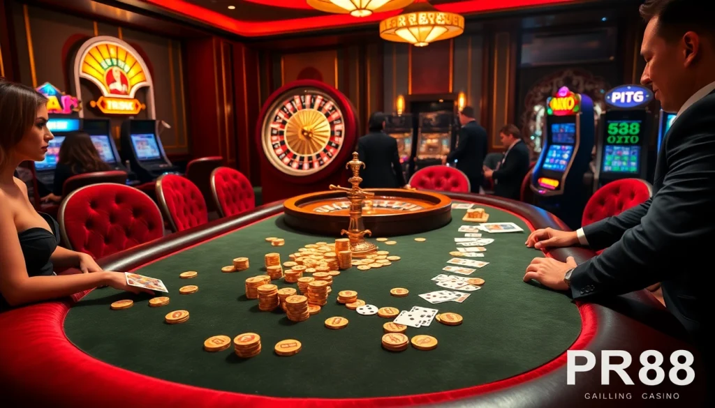 RR88 players engaging with luxurious casino tables and vibrant slot machines.