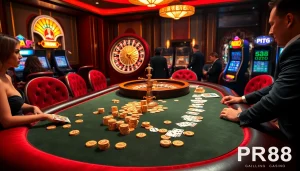 RR88 players engaging with luxurious casino tables and vibrant slot machines.