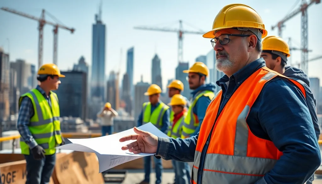 New York City General Contractor managing a busy construction site with city skyline.