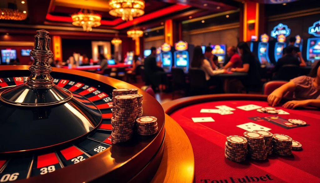 Players enjoying the thrill of gambling at 7upbet casino with roulette, cards, and vibrant slots.