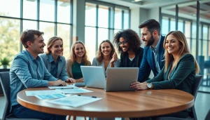 Participants in a business coaching service session discussing strategies and collaboration in a modern office.