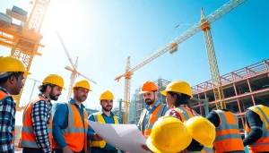 Workers engaged in a construction career, collaborating on a blueprint at a busy construction site.