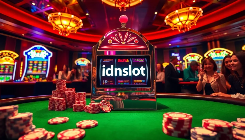 Exciting gambling scene showcasing idnslot on a luxurious slot machine with vibrant casino details.