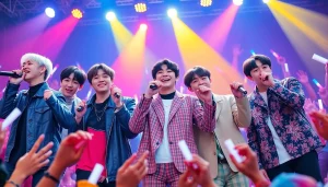 BTS members performing energetically at a concert, showcasing their unique styles and vibrant atmosphere.