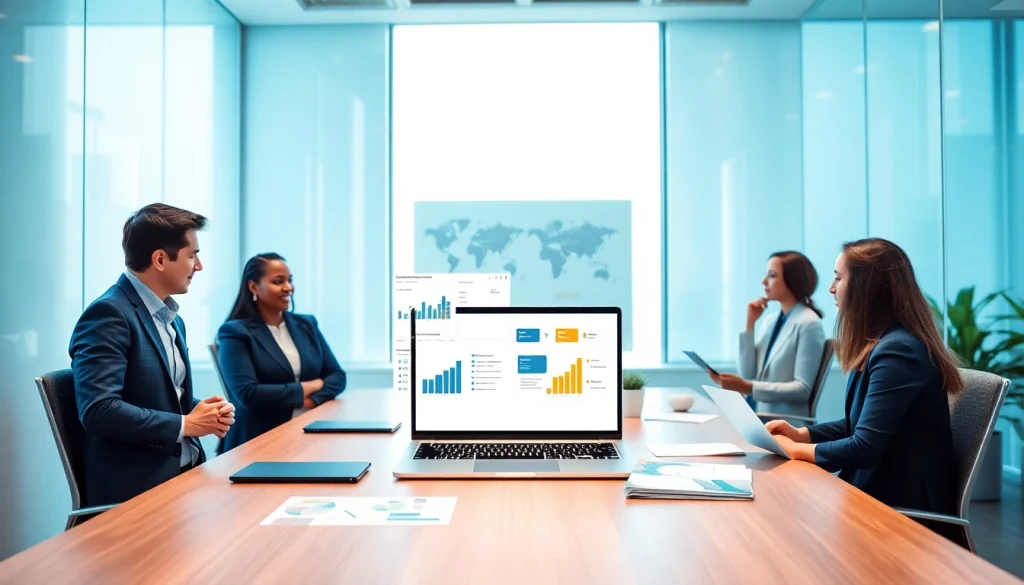 展示WPS官网界面的现代化办公室，专业人员在创造性地协作。