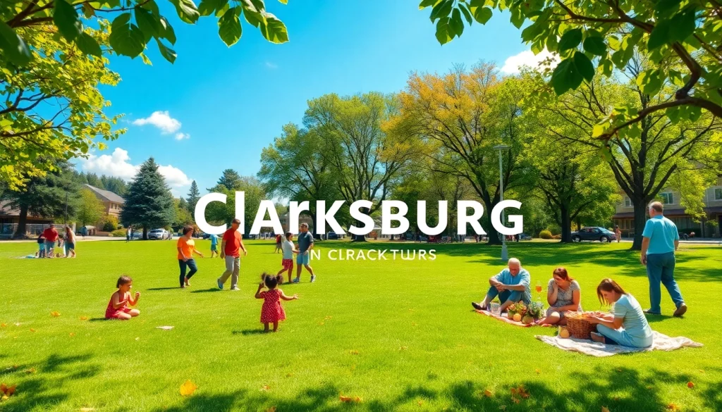Clarksburg community scene with families enjoying a sunny day in the park.