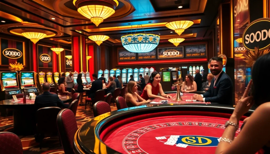 Exciting gameplay at SODO Casino featuring roulette and poker tables filled with eager players.