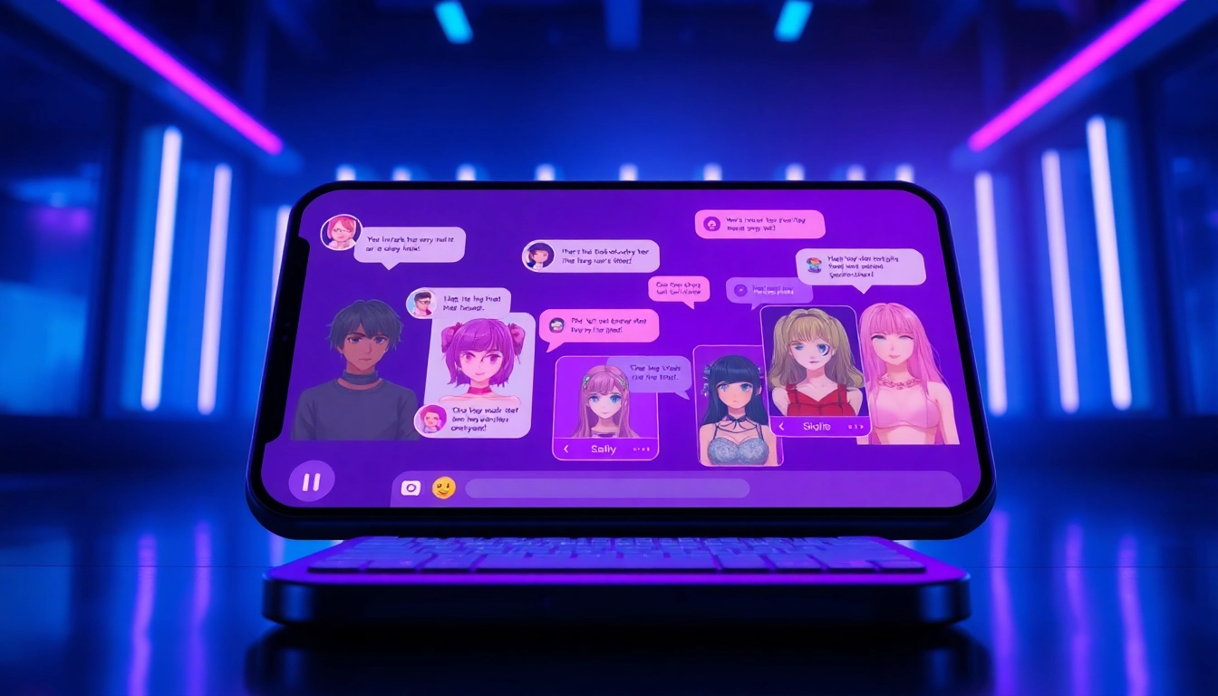 Character AI NSFW chat interface with vibrant avatars and interactive dialogue bubbles.