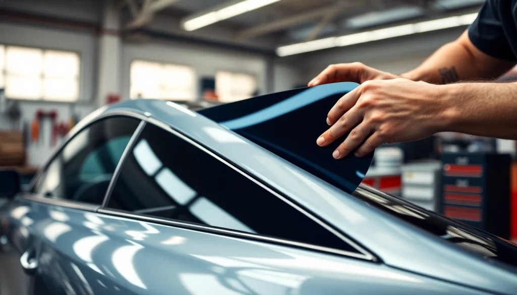 Applying ceramic window tint to a car's window by a professional technician