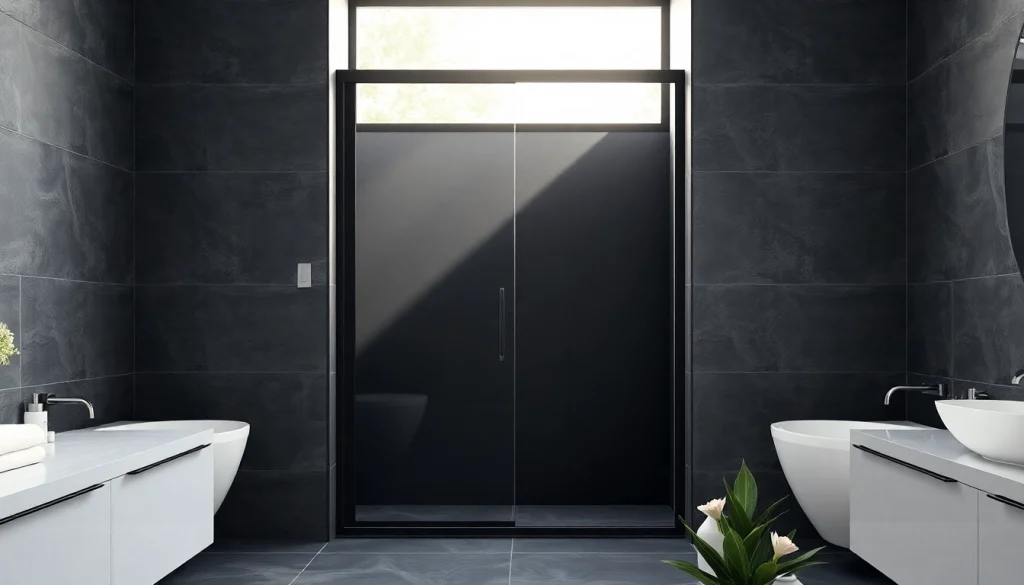 Elegant black shower door frame enhancing a stylish bathroom design.