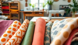 Duurzame stoffen assortiment in een creatieve naaiwerkplaats met kleurrijke stoffen.