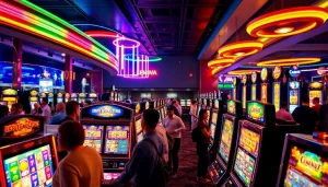 Memainkan slot online di kasino dengan suasana ceria dan mesin slot berwarna-warni.