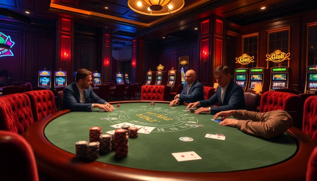 A luxurious poker table scene at a top club casino with players enjoying high-stakes action and vibrant slot machines.