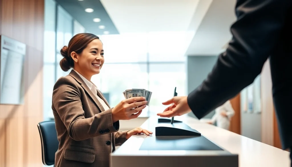 Menyerahkan deposit 1k di bank dengan teller ramah yang membantu nasabah.