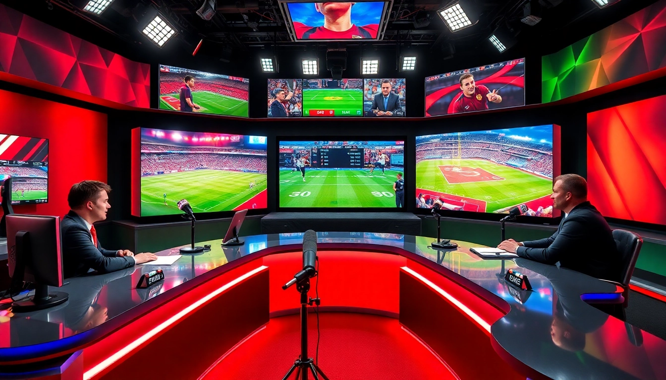 Engaging hosts in sports broadcasting studio discussing live games with vibrant screens.