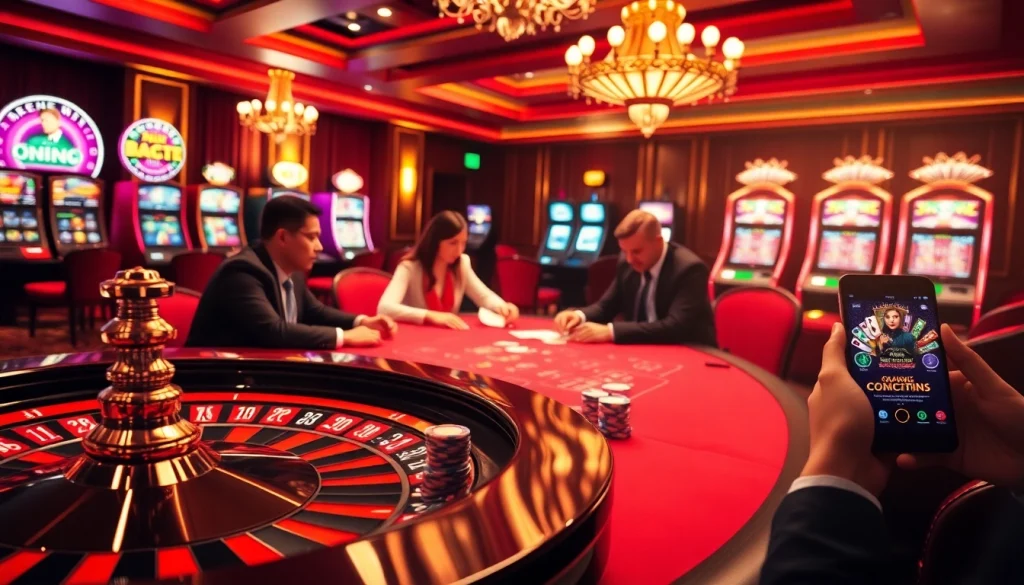 Experience the thrill of onicplay with players at a luxurious poker table, chips and roulette wheel in focus.