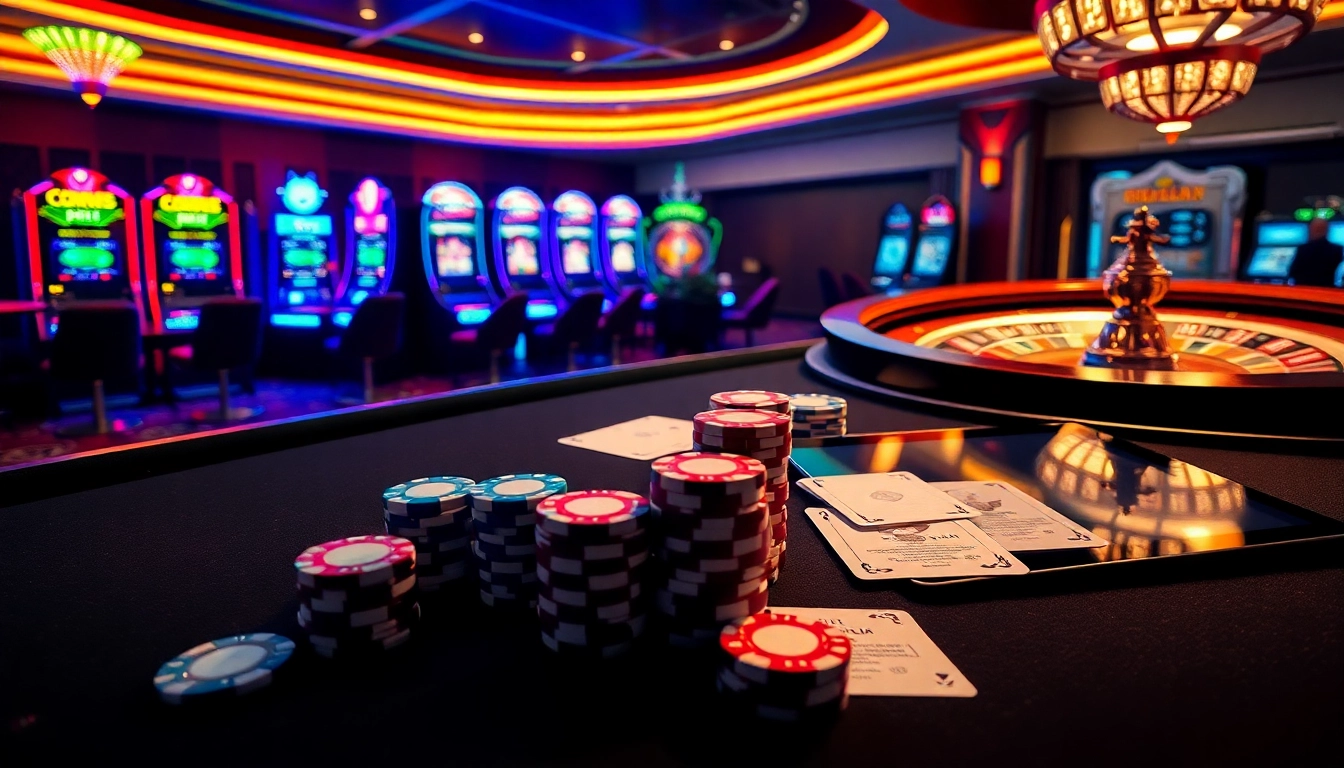 Experience thrilling poker action with onicplay in a luxurious casino setting featuring vibrant slot machines.