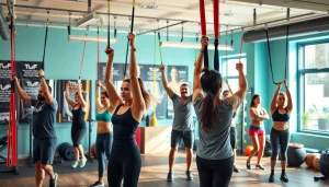 Diverse individuals using resistance bands for pull-ups in an energetic fitness studio.
