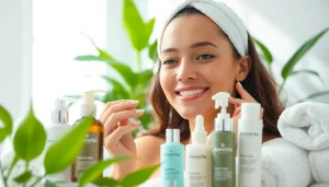 Kosmetika produktų pristatymas naudojant profesionalią odos priežiūros modelį.