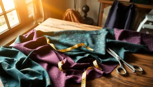 Verschillende fluweel stoffen texturen op een houten tafel met warm natuurlijk licht.