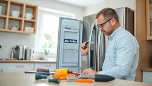 Technician performing refrigerator repair ottawa in a bright kitchen setting with tools.