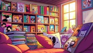 무료웹툰 책장 속 다양한 캐릭터와 색상의 웹툰 소개합니다.