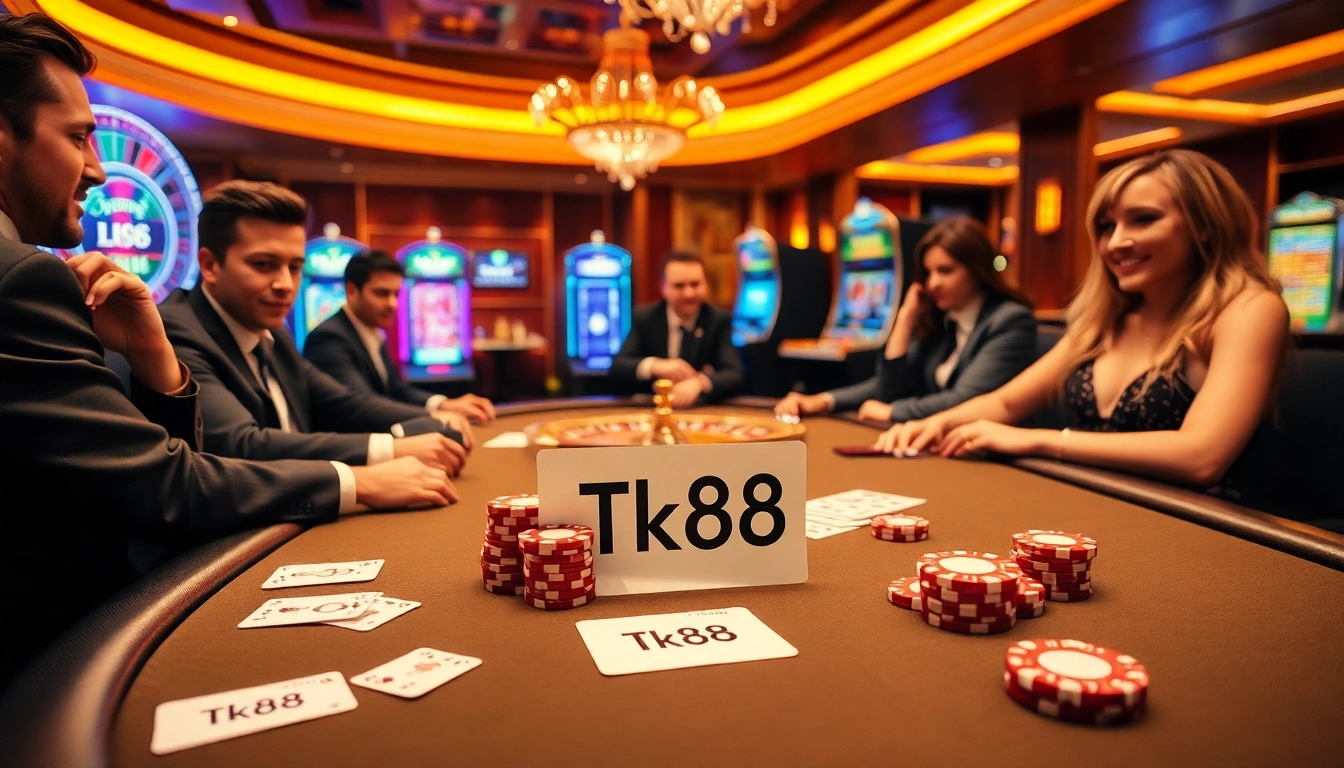 Experience thrilling gameplay at the Tk88 poker table with vibrant chips and cards.