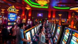 Para pemain menikmati sensasi mesin slot Depo 5rb dalam suasana kasino yang bersemangat.