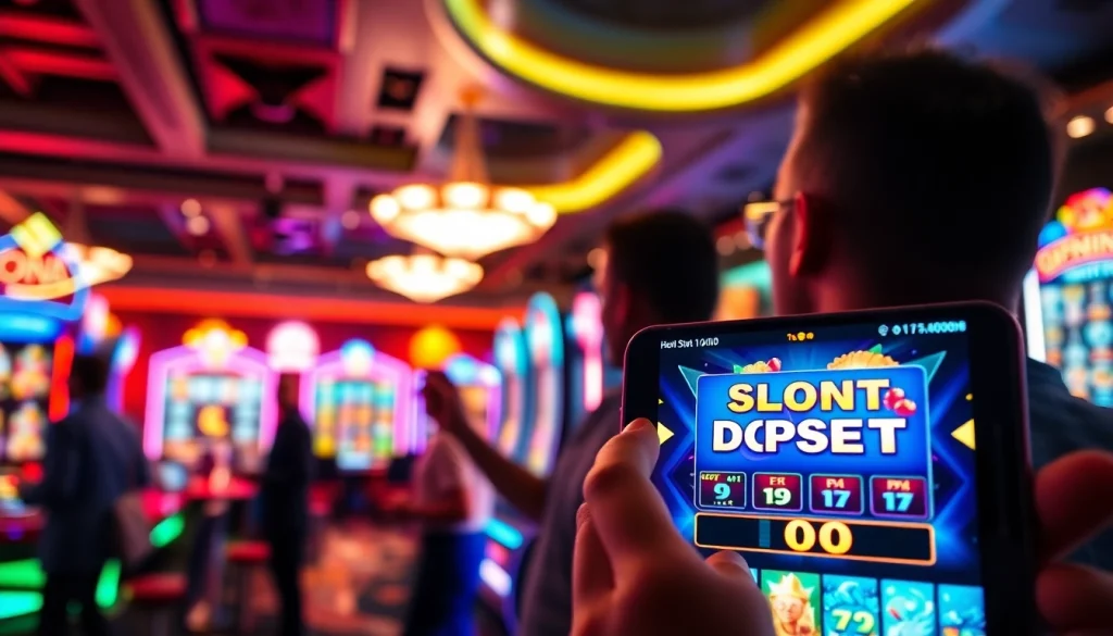 Menampilkan slot deposit 1000 pada smartphone di kasino digital yang energik dan modern.