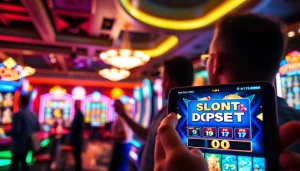 Menampilkan slot deposit 1000 pada smartphone di kasino digital yang energik dan modern.