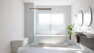 Elegant shower screen door enhances the aesthetic of a modern bathroom with natural light.