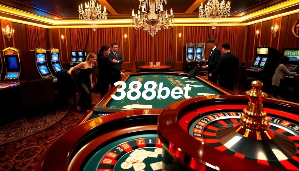 Experience the thrill of 388bet with casino tables, poker chips, and vibrant betting action.