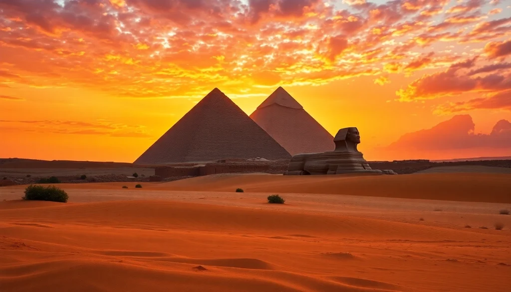 View the majestic Great Pyramid of Giza towering over golden sands, showcasing piraminds.