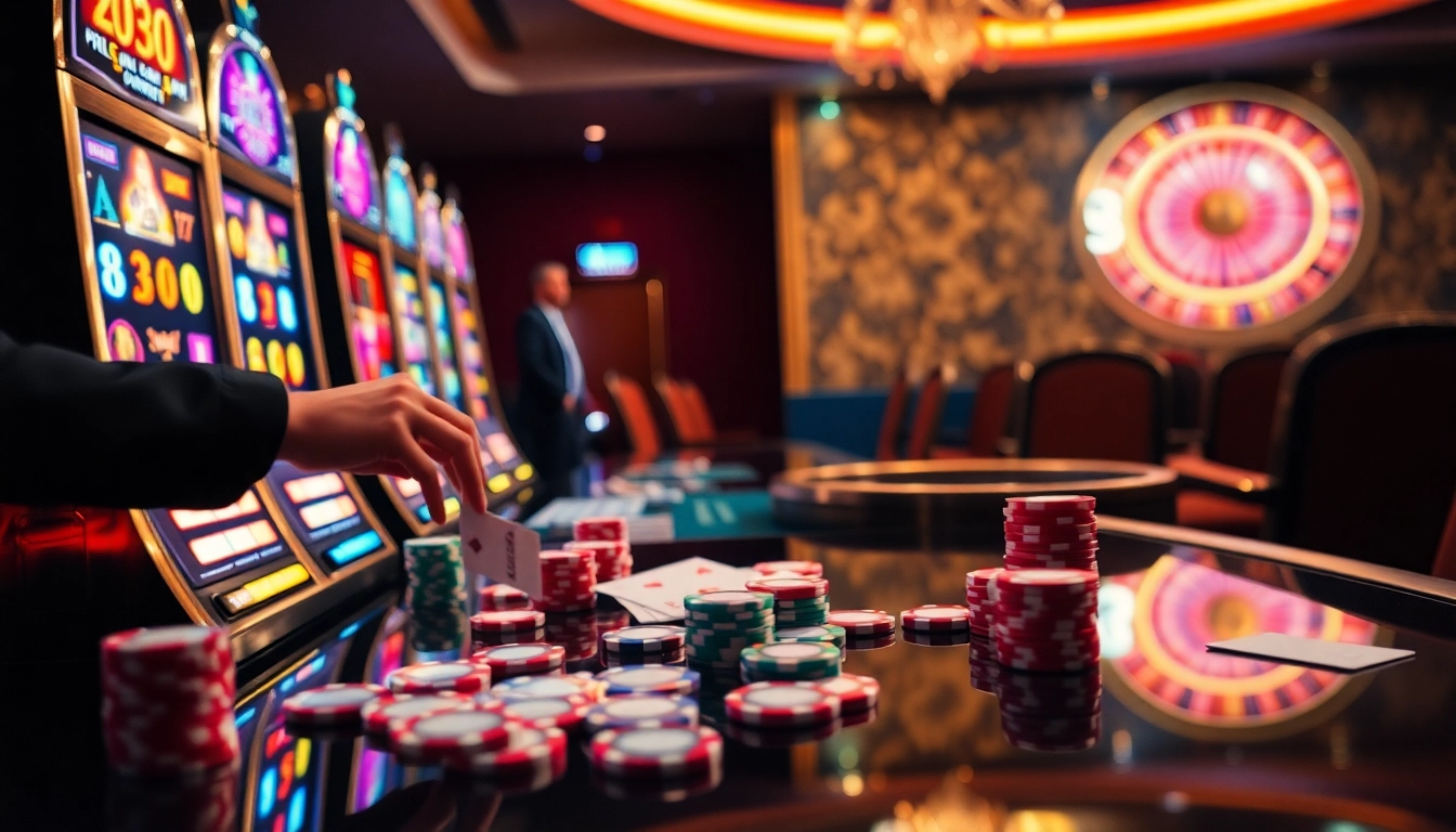 Spin the reels with onicplay at a vibrant casino scene featuring slot machines and colorful chips.