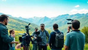 Engaging location scouting scene showcasing professionals discussing diverse film settings.