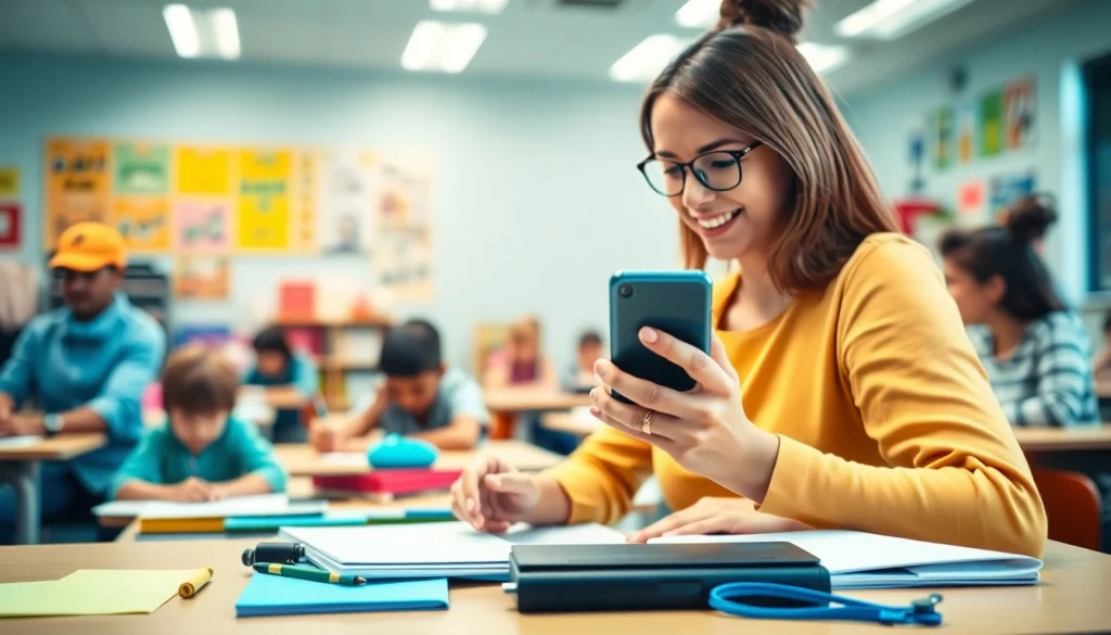Handytasche Lehrer zur praktischen Aufbewahrung von Mobilgeräten im Klassenzimmer.