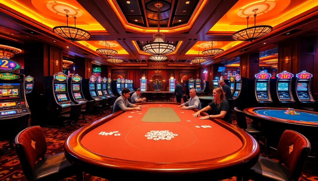 Joueurs engagés vivant l'excitation d'un casino en ligne avec des machines à sous vibrantes.