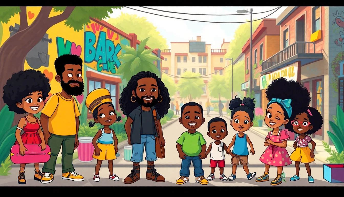 Engaging scene of diverse animated characters celebrating African American Cartoons in a colorful neighborhood.