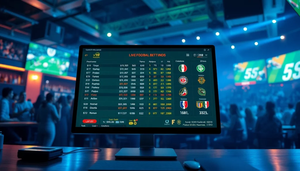 Kèo nhà cái live football odds displayed on a vibrant digital interface in a sports betting environment.