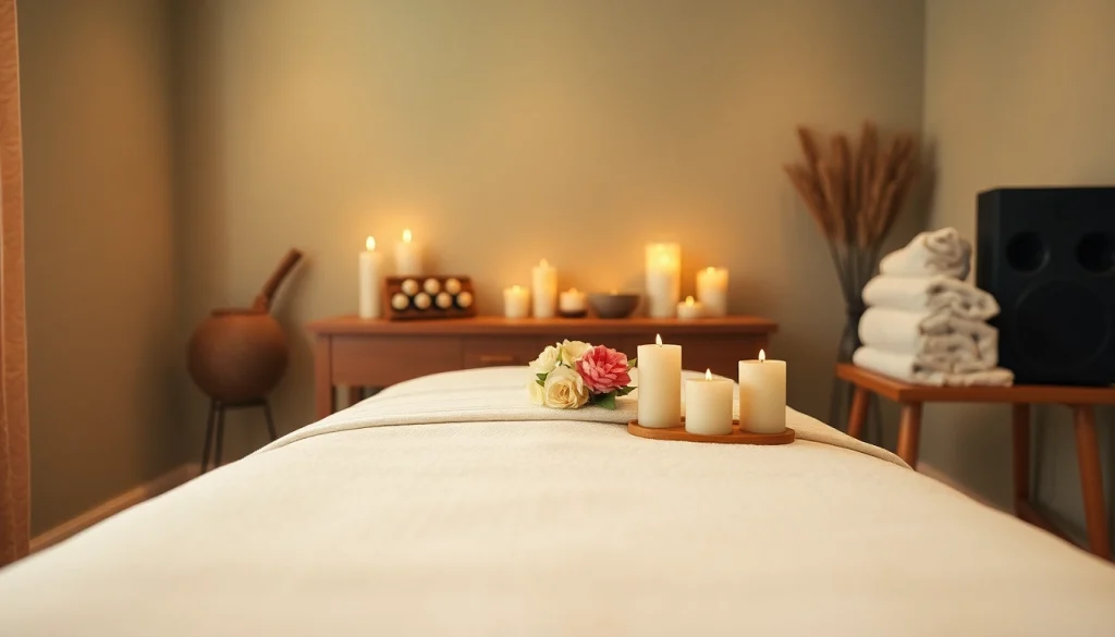편안한 경험을 위한 차분한 색상과 매력적인 장식이 특징인 릴렉싱 마사지 치료 세팅.