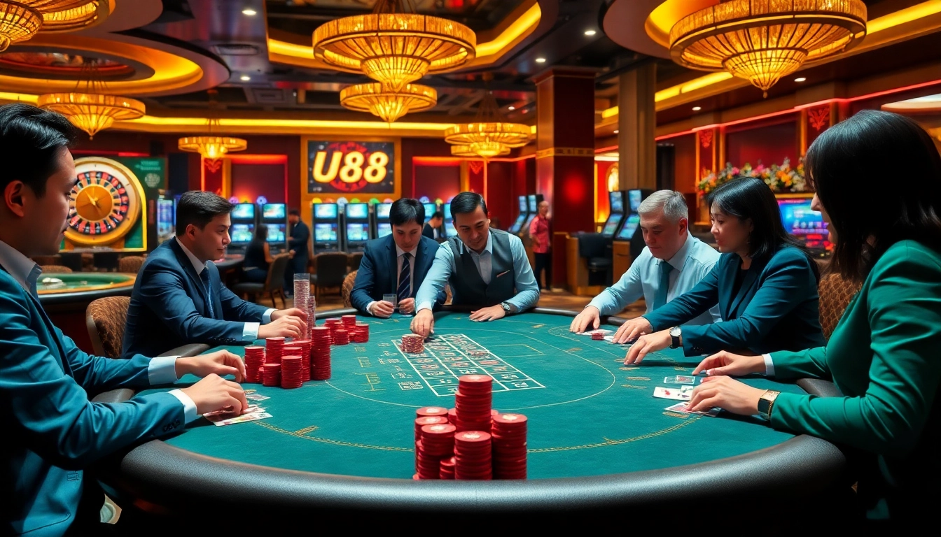Players enjoying a thrilling game at the U88 table, surrounded by casino excitement.