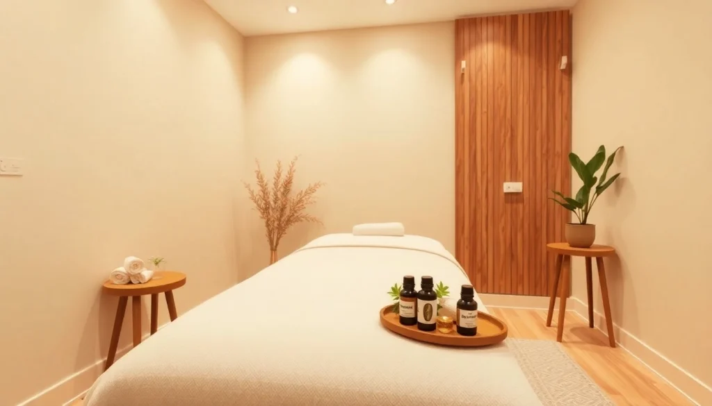 편안한 분위기와 에센셜 오일이 있는 마사지 치료실.